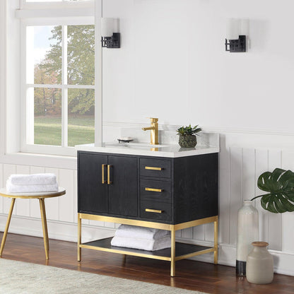 Altair Wildy 36" Black Oak Freestanding Single Bathroom Vanity Set With Stylish Composite Grain White Stone Top, Rectangular Undermount Ceramic Sink, Overflow, and Backsplash