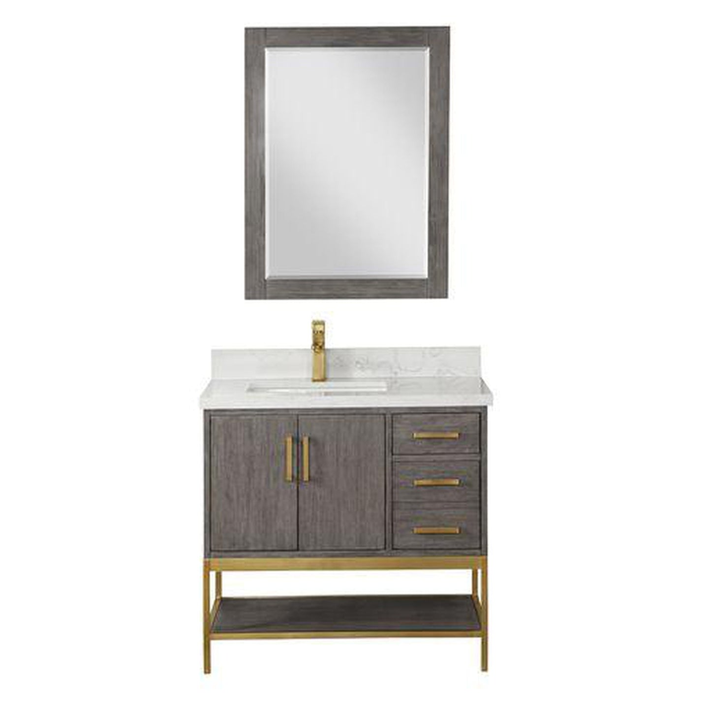 Altair Wildy 36" Classical Grey Freestanding Single Bathroom Vanity Set With Mirror, Stylish Composite Grain White Stone Top, Rectangular Undermount Ceramic Sink, Overflow, and Backsplash