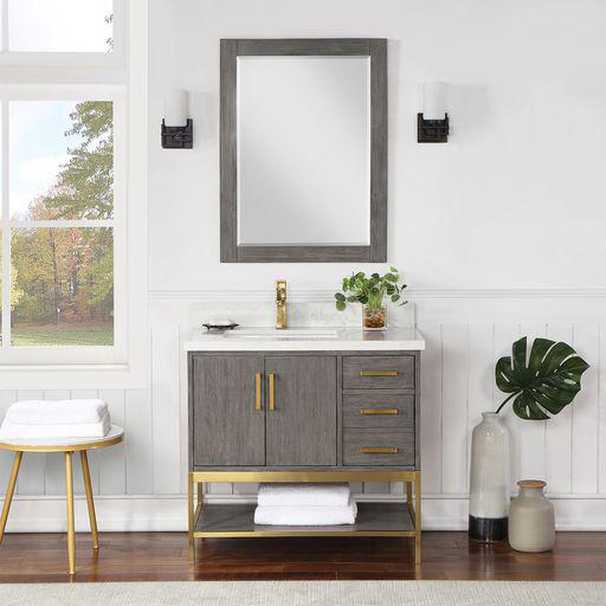 Altair Wildy 36" Classical Grey Freestanding Single Bathroom Vanity Set With Mirror, Stylish Composite Grain White Stone Top, Rectangular Undermount Ceramic Sink, Overflow, and Backsplash