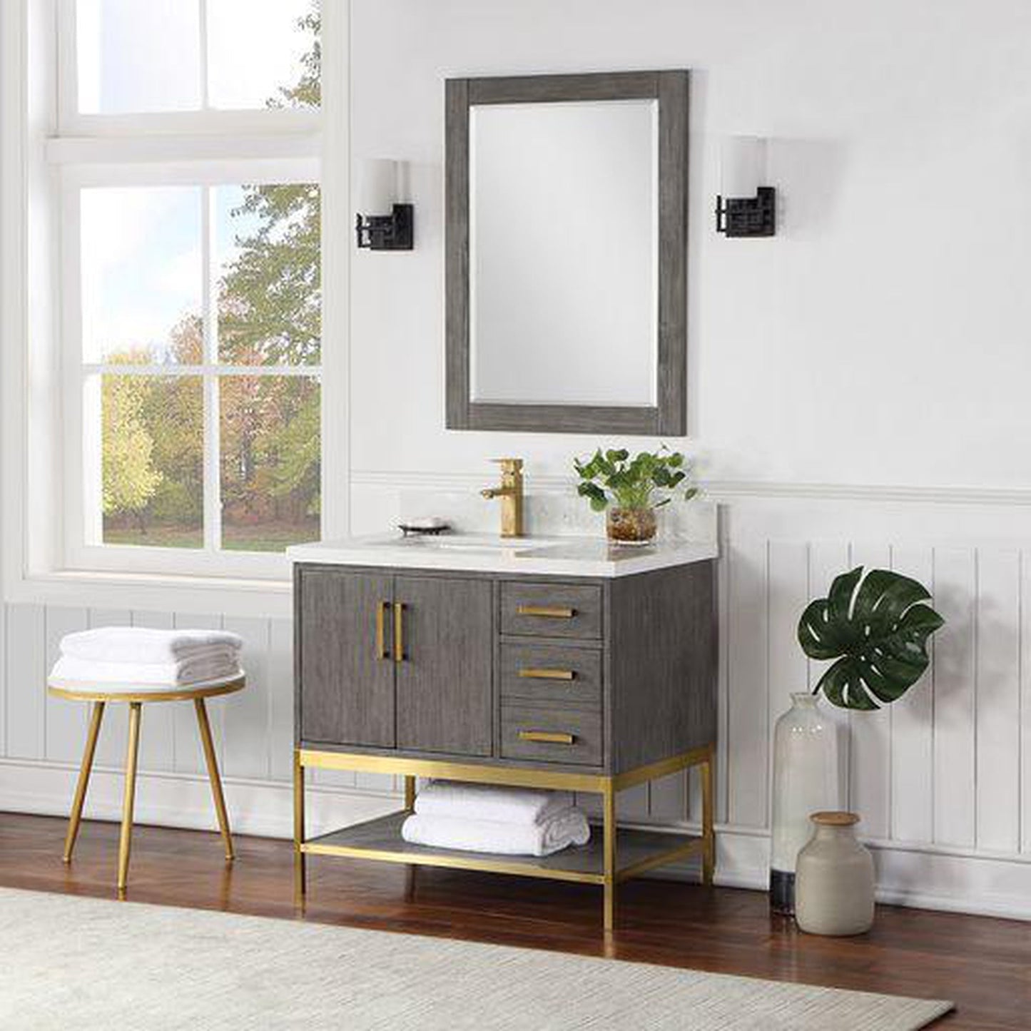 Altair Wildy 36" Classical Grey Freestanding Single Bathroom Vanity Set With Mirror, Stylish Composite Grain White Stone Top, Rectangular Undermount Ceramic Sink, Overflow, and Backsplash