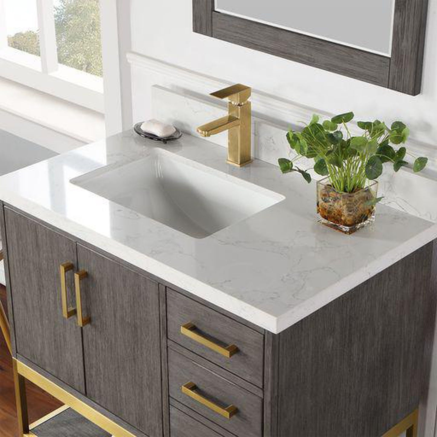 Altair Wildy 36" Classical Grey Freestanding Single Bathroom Vanity Set With Mirror, Stylish Composite Grain White Stone Top, Rectangular Undermount Ceramic Sink, Overflow, and Backsplash