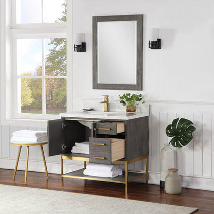 Altair Wildy 36" Classical Grey Freestanding Single Bathroom Vanity Set With Mirror, Stylish Composite Grain White Stone Top, Rectangular Undermount Ceramic Sink, Overflow, and Backsplash