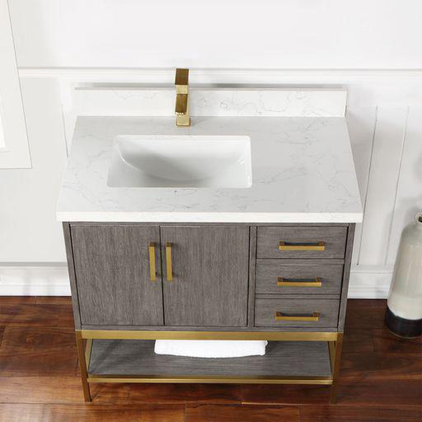 Altair Wildy 36" Classical Grey Freestanding Single Bathroom Vanity Set With Stylish Composite Grain White Stone Top, Rectangular Undermount Ceramic Sink, Overflow, and Backsplash