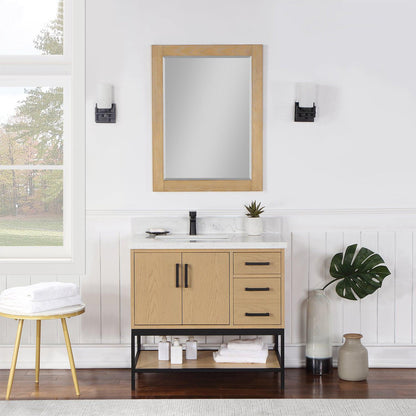 Altair Wildy 36" Washed Oak Freestanding Single Bathroom Vanity Set With Mirror, Stylish Composite Grain White Stone Top, Rectangular Undermount Ceramic Sink, Overflow, and Backsplash