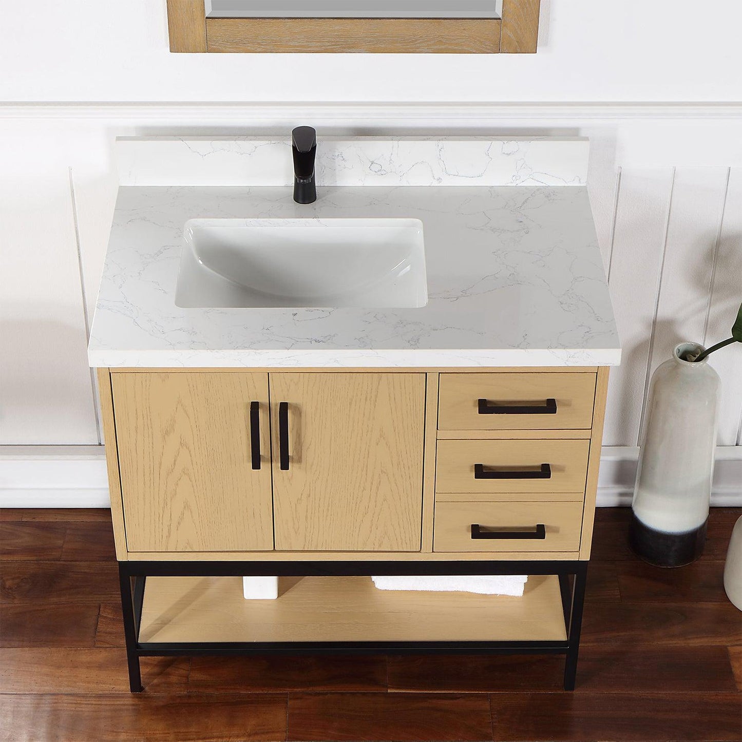 Altair Wildy 36" Washed Oak Freestanding Single Bathroom Vanity Set With Mirror, Stylish Composite Grain White Stone Top, Rectangular Undermount Ceramic Sink, Overflow, and Backsplash