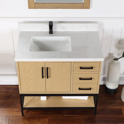 Altair Wildy 36" Washed Oak Freestanding Single Bathroom Vanity Set With Mirror, Stylish Composite Grain White Stone Top, Rectangular Undermount Ceramic Sink, Overflow, and Backsplash