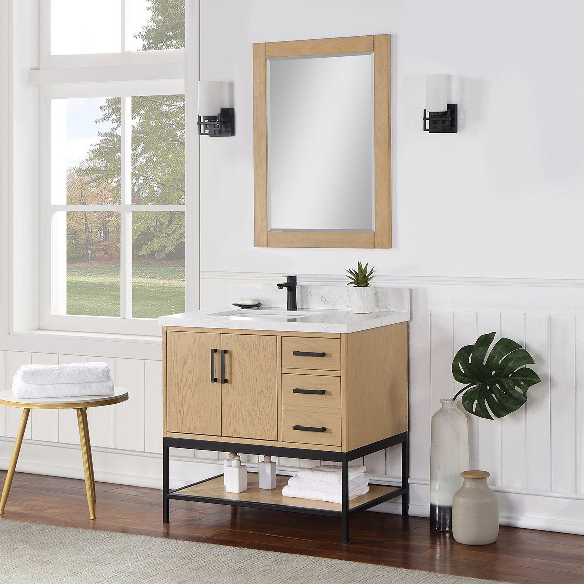 Altair Wildy 36" Washed Oak Freestanding Single Bathroom Vanity Set With Mirror, Stylish Composite Grain White Stone Top, Rectangular Undermount Ceramic Sink, Overflow, and Backsplash