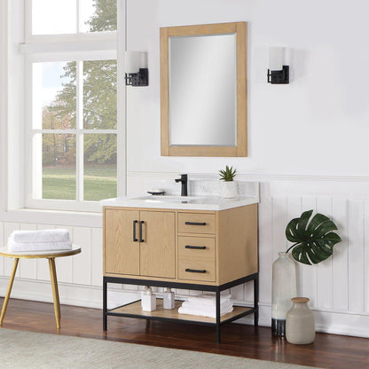 Altair Wildy 36" Washed Oak Freestanding Single Bathroom Vanity Set With Mirror, Stylish Composite Grain White Stone Top, Rectangular Undermount Ceramic Sink, Overflow, and Backsplash