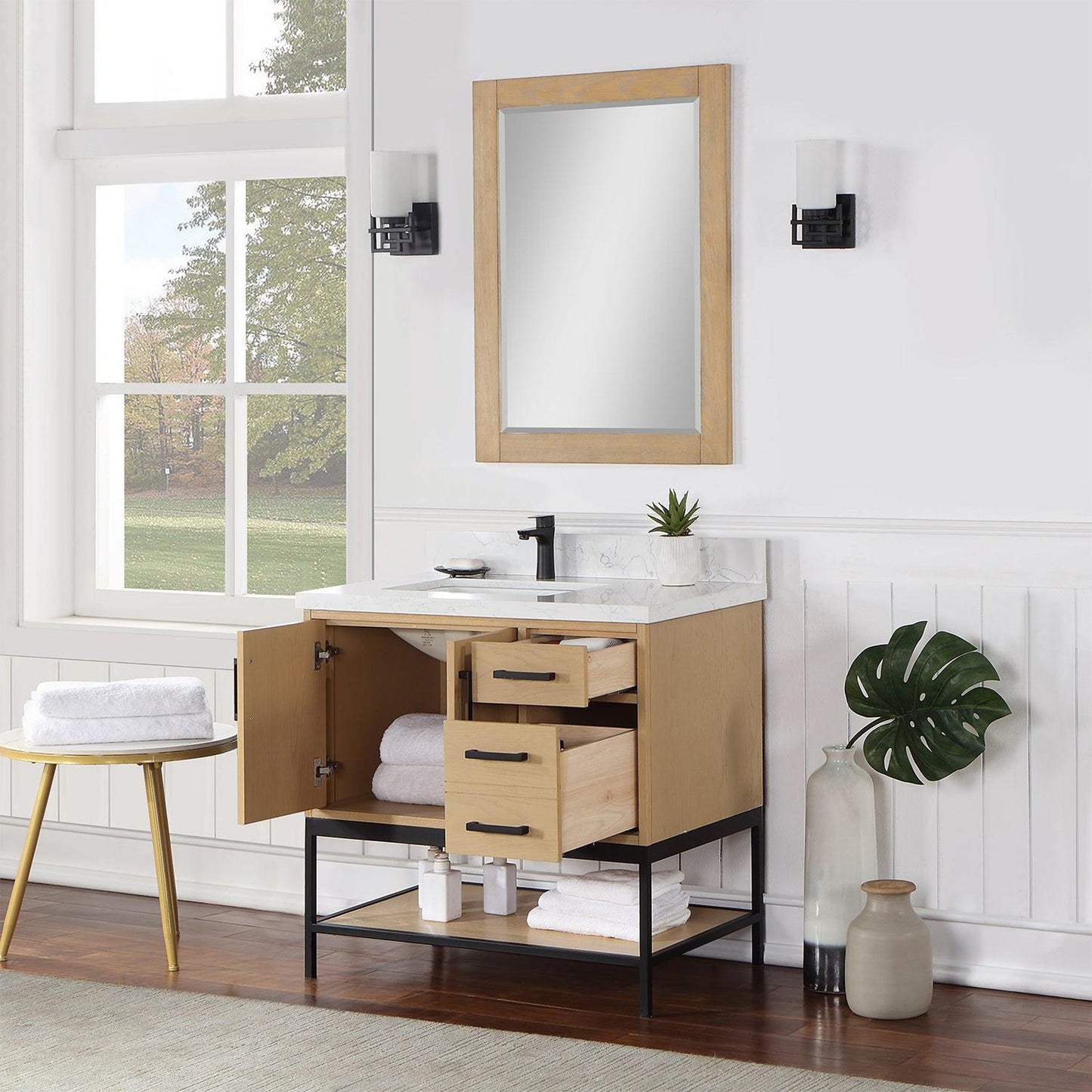 Altair Wildy 36" Washed Oak Freestanding Single Bathroom Vanity Set With Mirror, Stylish Composite Grain White Stone Top, Rectangular Undermount Ceramic Sink, Overflow, and Backsplash