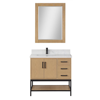 Altair Wildy 36" Washed Oak Freestanding Single Bathroom Vanity Set With Mirror, Stylish Composite Grain White Stone Top, Rectangular Undermount Ceramic Sink, Overflow, and Backsplash