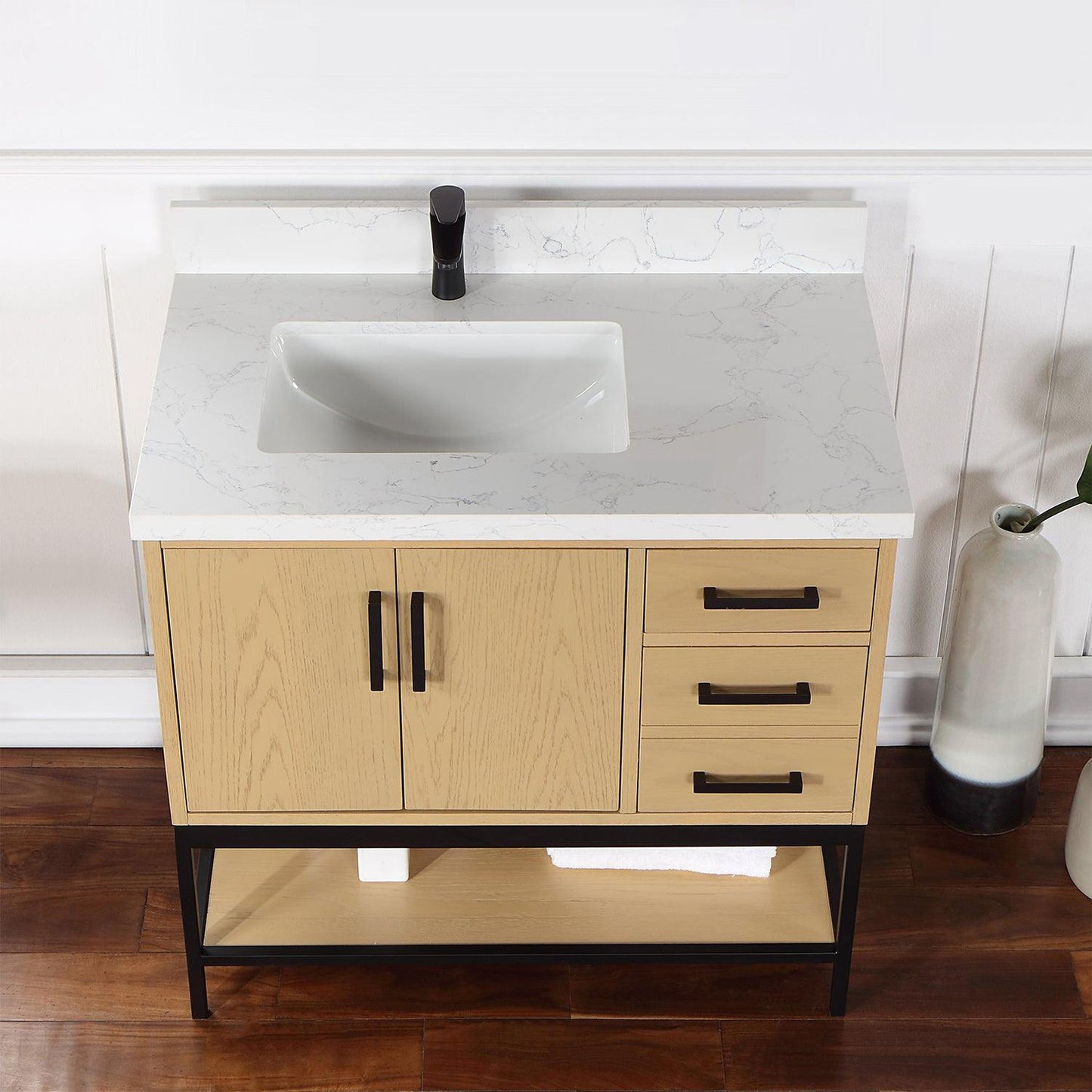 Altair Wildy 36" Washed Oak Freestanding Single Bathroom Vanity Set With Stylish Composite Grain White Stone Top, Rectangular Undermount Ceramic Sink, Overflow, and Backsplash