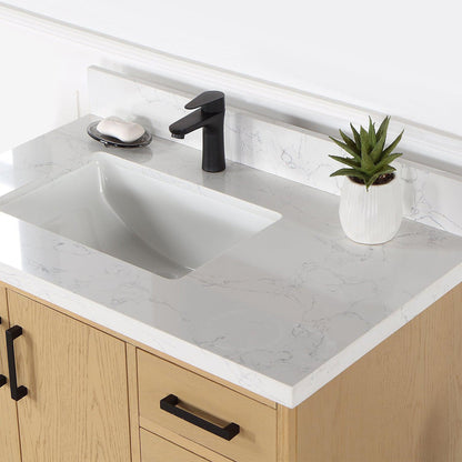 Altair Wildy 36" Washed Oak Freestanding Single Bathroom Vanity Set With Stylish Composite Grain White Stone Top, Rectangular Undermount Ceramic Sink, Overflow, and Backsplash
