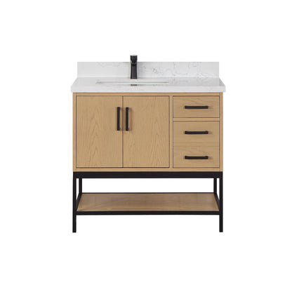 Altair Wildy 36" Washed Oak Freestanding Single Bathroom Vanity Set With Stylish Composite Grain White Stone Top, Rectangular Undermount Ceramic Sink, Overflow, and Backsplash