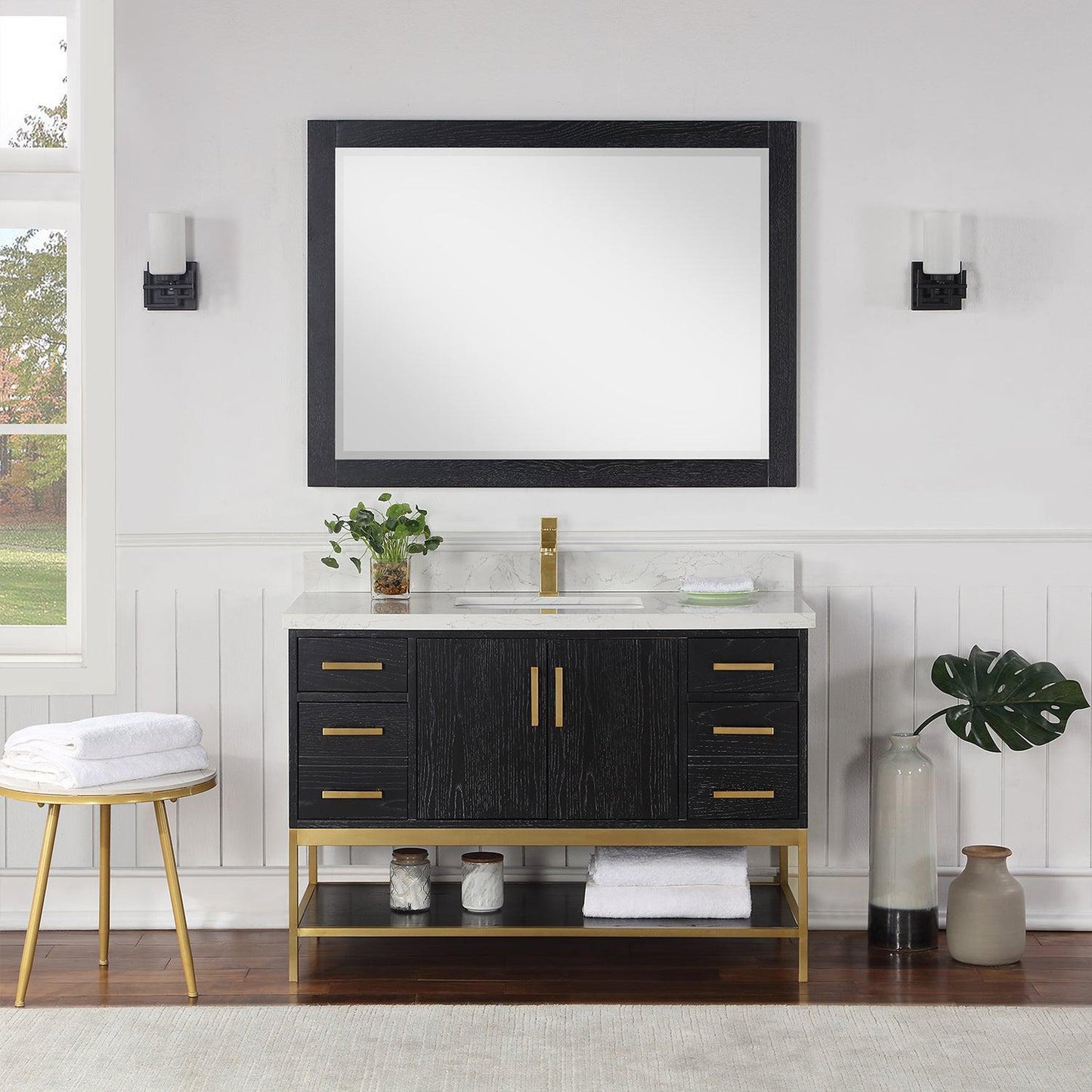 Altair Wildy 48" Black Oak Freestanding Single Bathroom Vanity Set With Mirror, Stylish Composite Grain White Stone Top, Rectangular Undermount Ceramic Sink, Overflow, and Backsplash