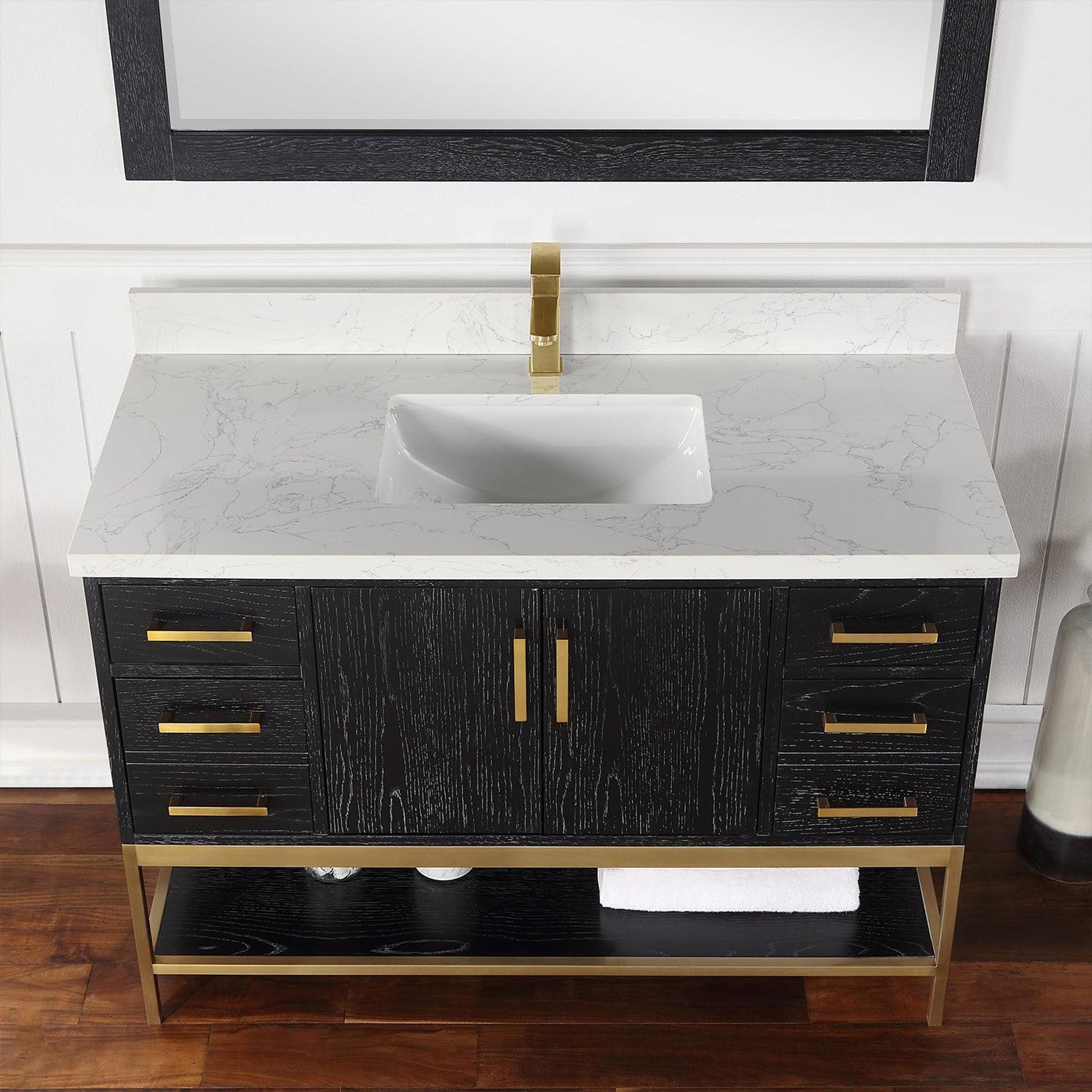 Altair Wildy 48" Black Oak Freestanding Single Bathroom Vanity Set With Mirror, Stylish Composite Grain White Stone Top, Rectangular Undermount Ceramic Sink, Overflow, and Backsplash