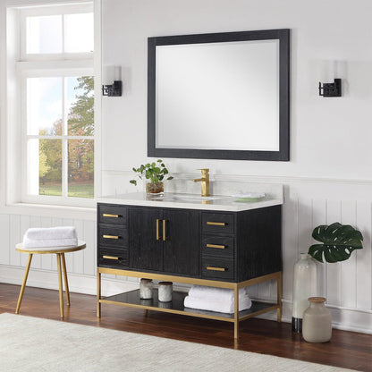 Altair Wildy 48" Black Oak Freestanding Single Bathroom Vanity Set With Mirror, Stylish Composite Grain White Stone Top, Rectangular Undermount Ceramic Sink, Overflow, and Backsplash