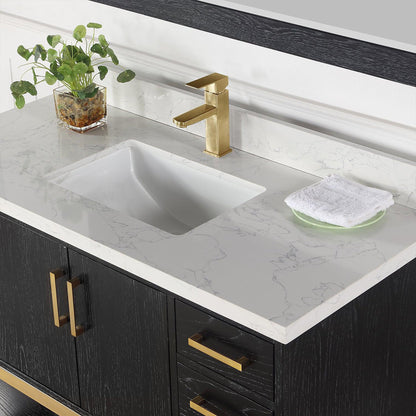 Altair Wildy 48" Black Oak Freestanding Single Bathroom Vanity Set With Mirror, Stylish Composite Grain White Stone Top, Rectangular Undermount Ceramic Sink, Overflow, and Backsplash
