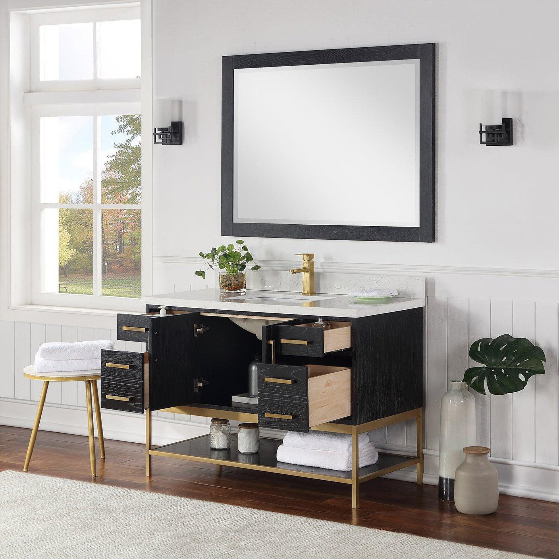 Altair Wildy 48" Black Oak Freestanding Single Bathroom Vanity Set With Mirror, Stylish Composite Grain White Stone Top, Rectangular Undermount Ceramic Sink, Overflow, and Backsplash