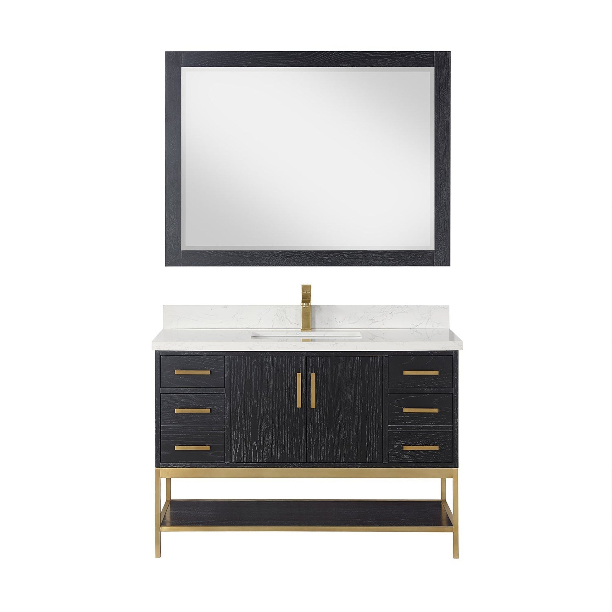 Altair Wildy 48" Black Oak Freestanding Single Bathroom Vanity Set With Mirror, Stylish Composite Grain White Stone Top, Rectangular Undermount Ceramic Sink, Overflow, and Backsplash