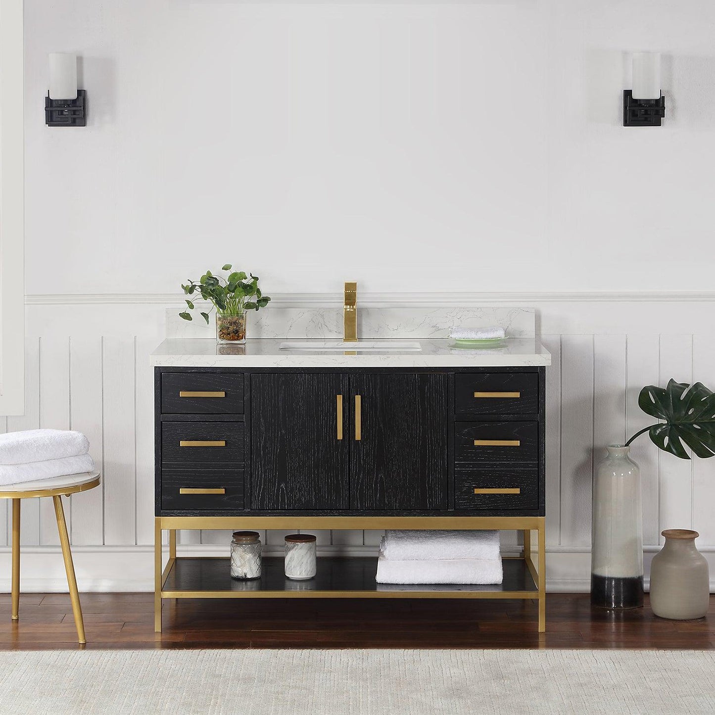 Altair Wildy 48" Black Oak Freestanding Single Bathroom Vanity Set With Stylish Composite Grain White Stone Top, Rectangular Undermount Ceramic Sink, Overflow, and Backsplash