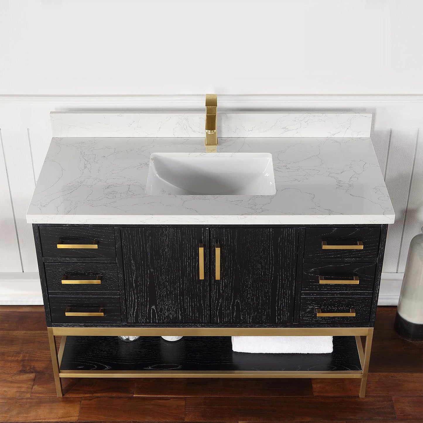 Altair Wildy 48" Black Oak Freestanding Single Bathroom Vanity Set With Stylish Composite Grain White Stone Top, Rectangular Undermount Ceramic Sink, Overflow, and Backsplash