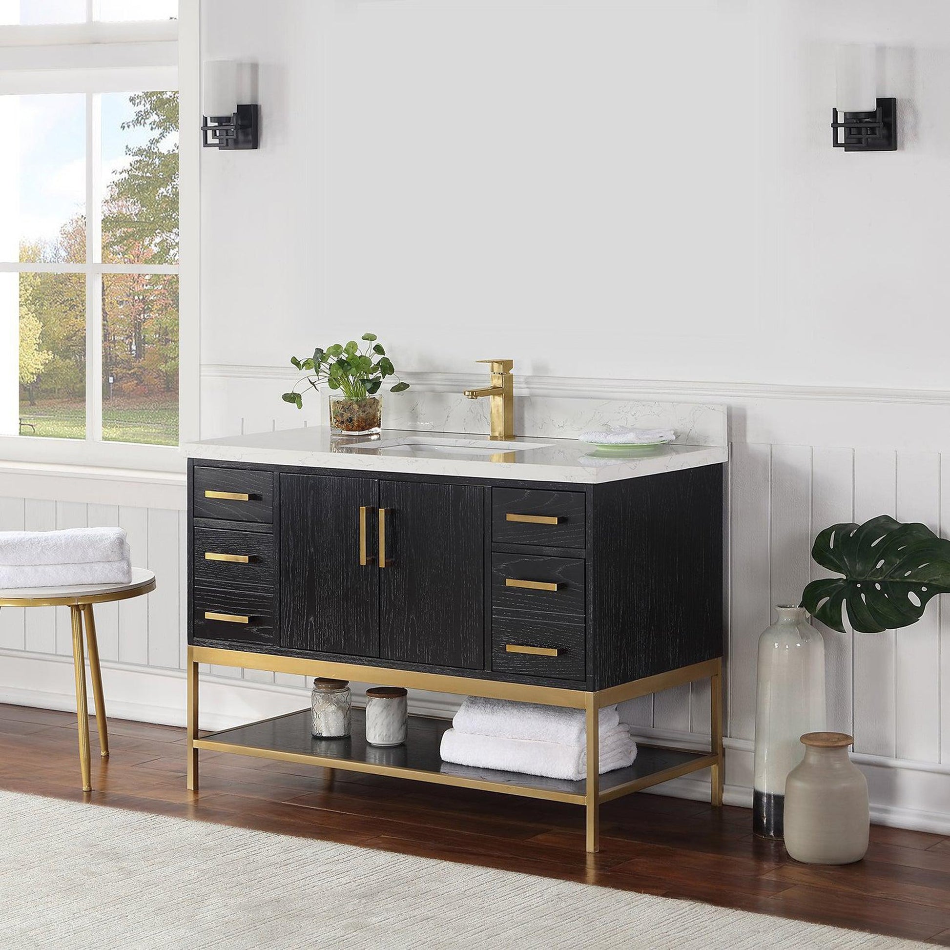 Altair Wildy 48" Black Oak Freestanding Single Bathroom Vanity Set With Stylish Composite Grain White Stone Top, Rectangular Undermount Ceramic Sink, Overflow, and Backsplash