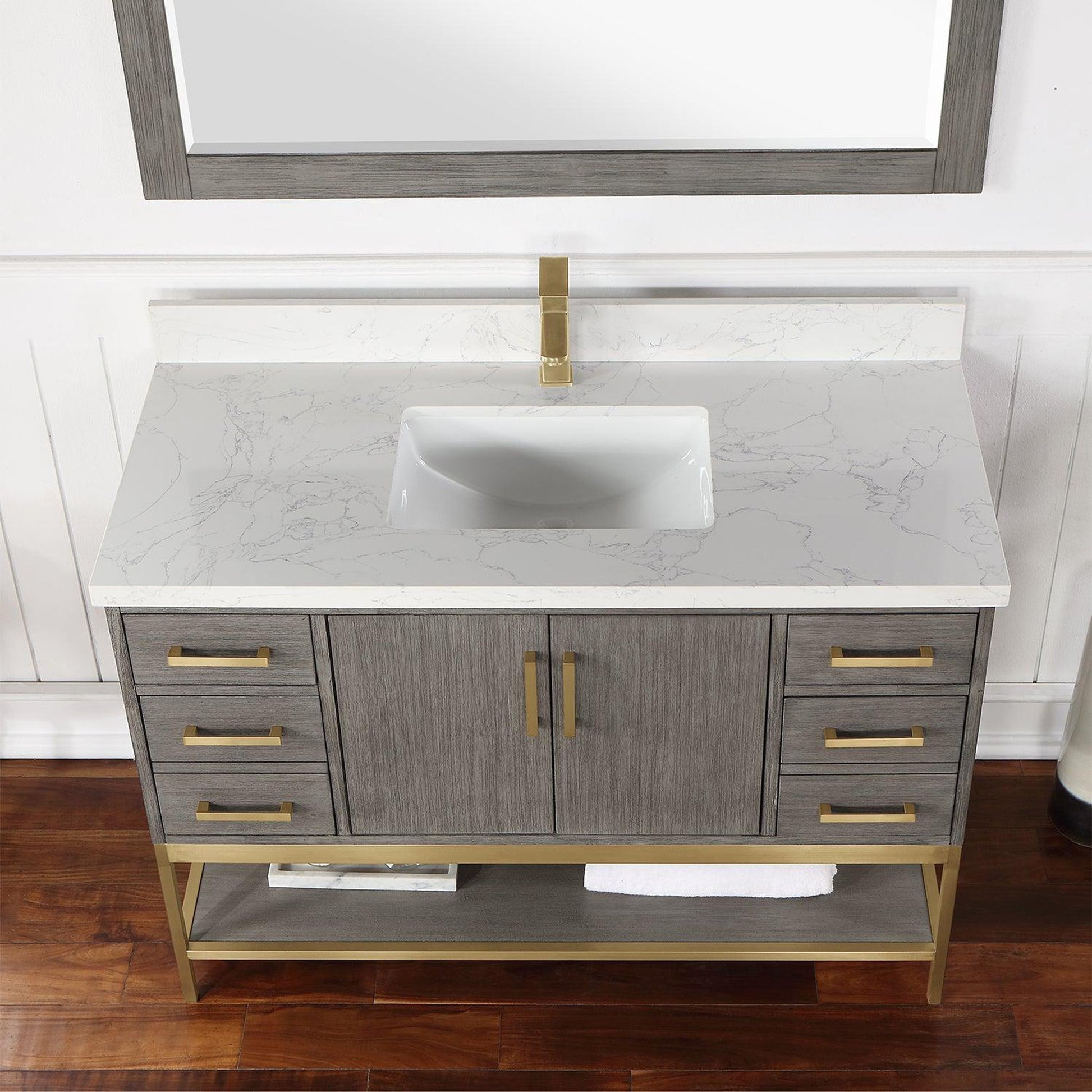 Altair Wildy 48" Classical Grey Freestanding Single Bathroom Vanity Set With Mirror, Stylish Composite Grain White Stone Top, Rectangular Undermount Ceramic Sink, Overflow, and Backsplash