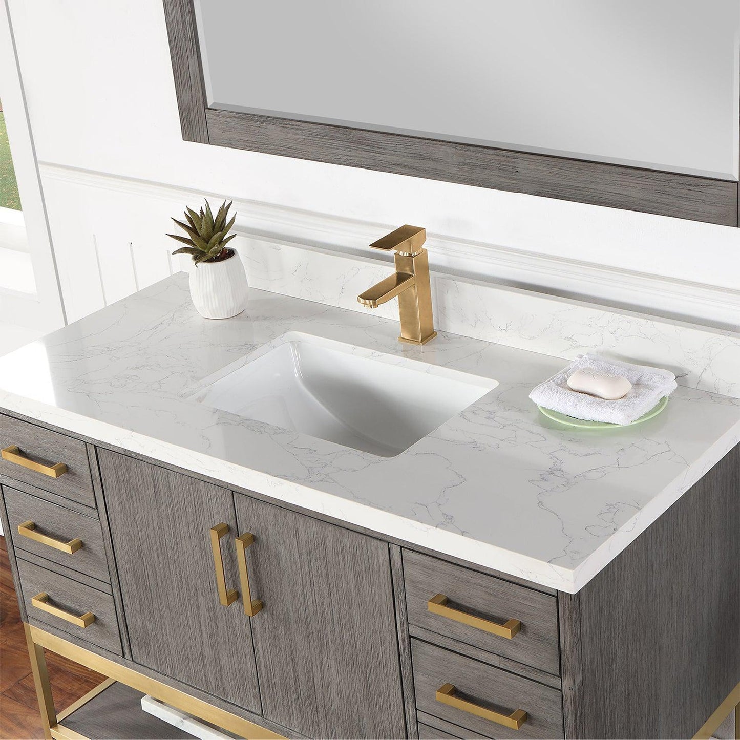Altair Wildy 48" Classical Grey Freestanding Single Bathroom Vanity Set With Mirror, Stylish Composite Grain White Stone Top, Rectangular Undermount Ceramic Sink, Overflow, and Backsplash