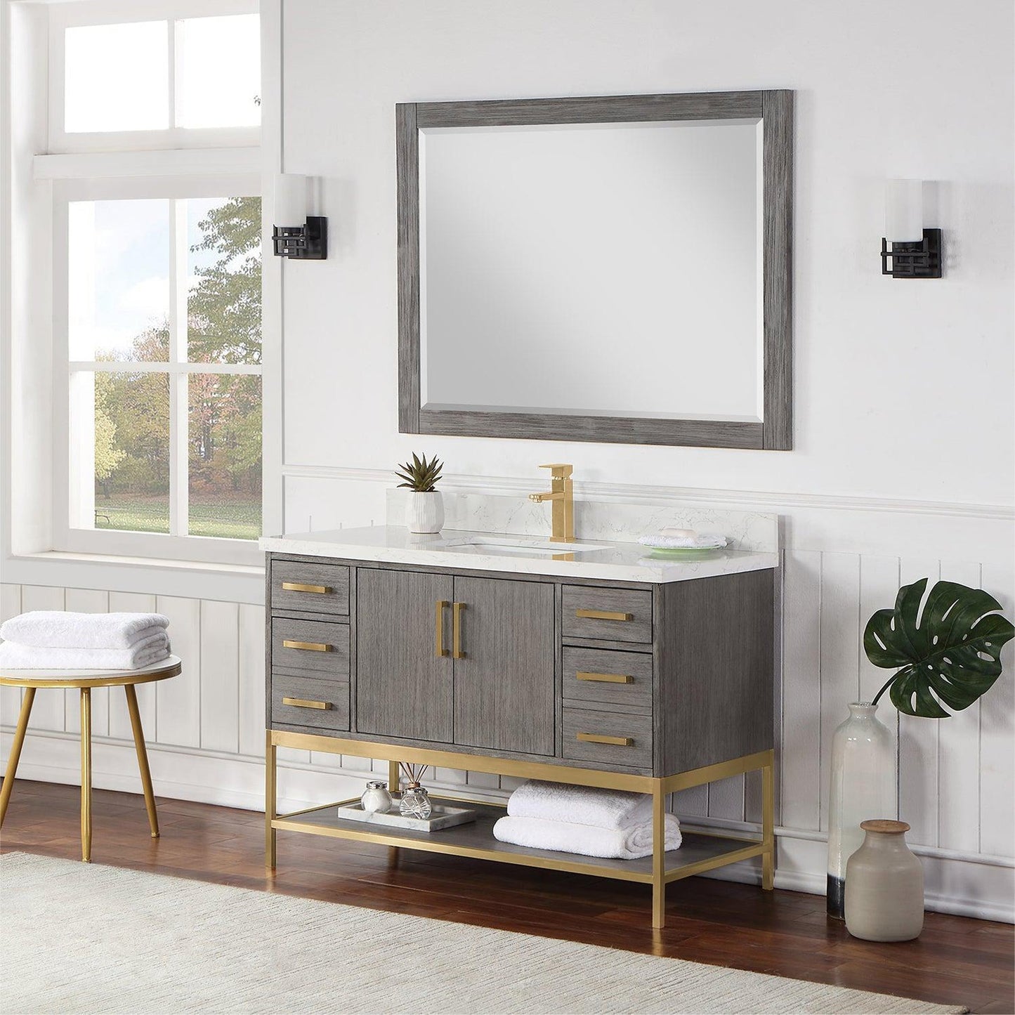 Altair Wildy 48" Classical Grey Freestanding Single Bathroom Vanity Set With Mirror, Stylish Composite Grain White Stone Top, Rectangular Undermount Ceramic Sink, Overflow, and Backsplash