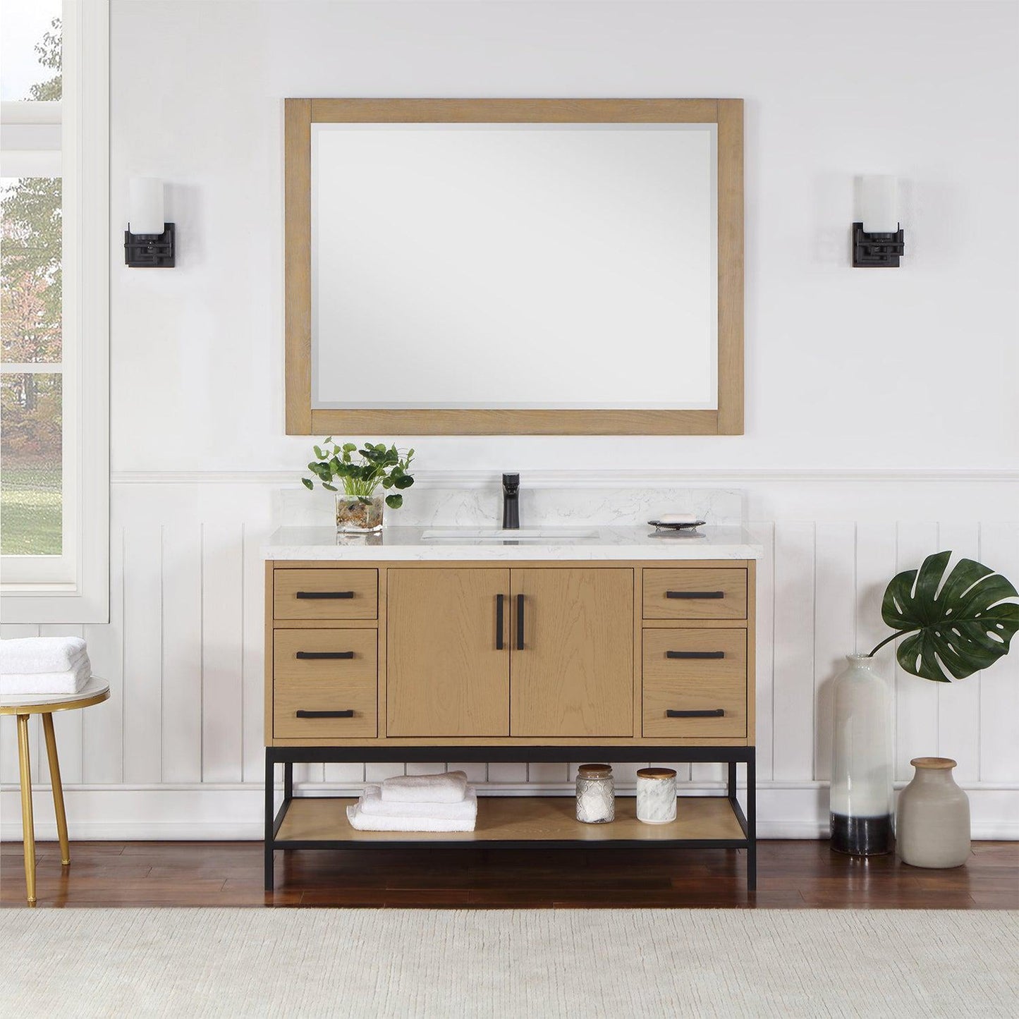 Altair Wildy 48" Washed Oak Freestanding Single Bathroom Vanity Set With Mirror, Stylish Composite Grain White Stone Top, Rectangular Undermount Ceramic Sink, Overflow, and Backsplash