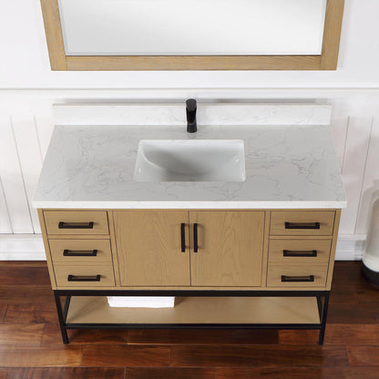 Altair Wildy 48" Washed Oak Freestanding Single Bathroom Vanity Set With Mirror, Stylish Composite Grain White Stone Top, Rectangular Undermount Ceramic Sink, Overflow, and Backsplash