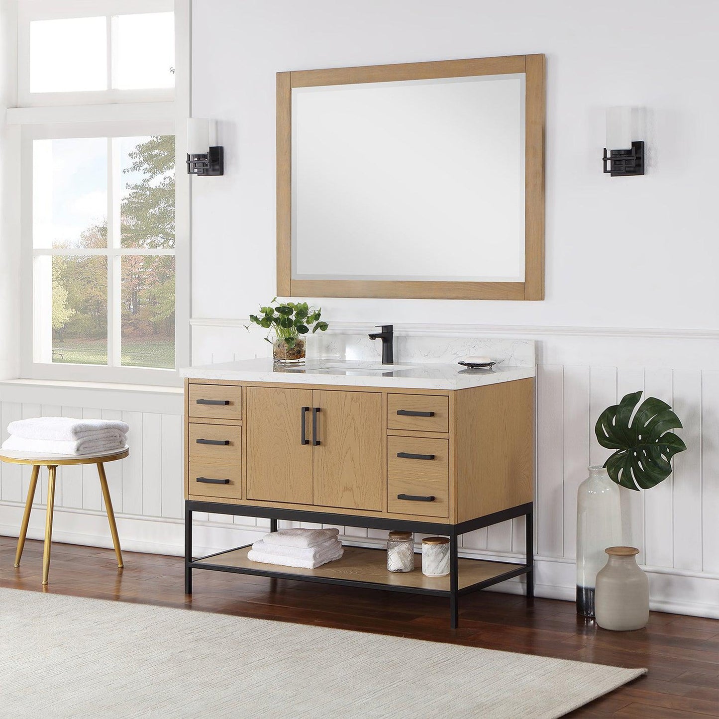 Altair Wildy 48" Washed Oak Freestanding Single Bathroom Vanity Set With Mirror, Stylish Composite Grain White Stone Top, Rectangular Undermount Ceramic Sink, Overflow, and Backsplash