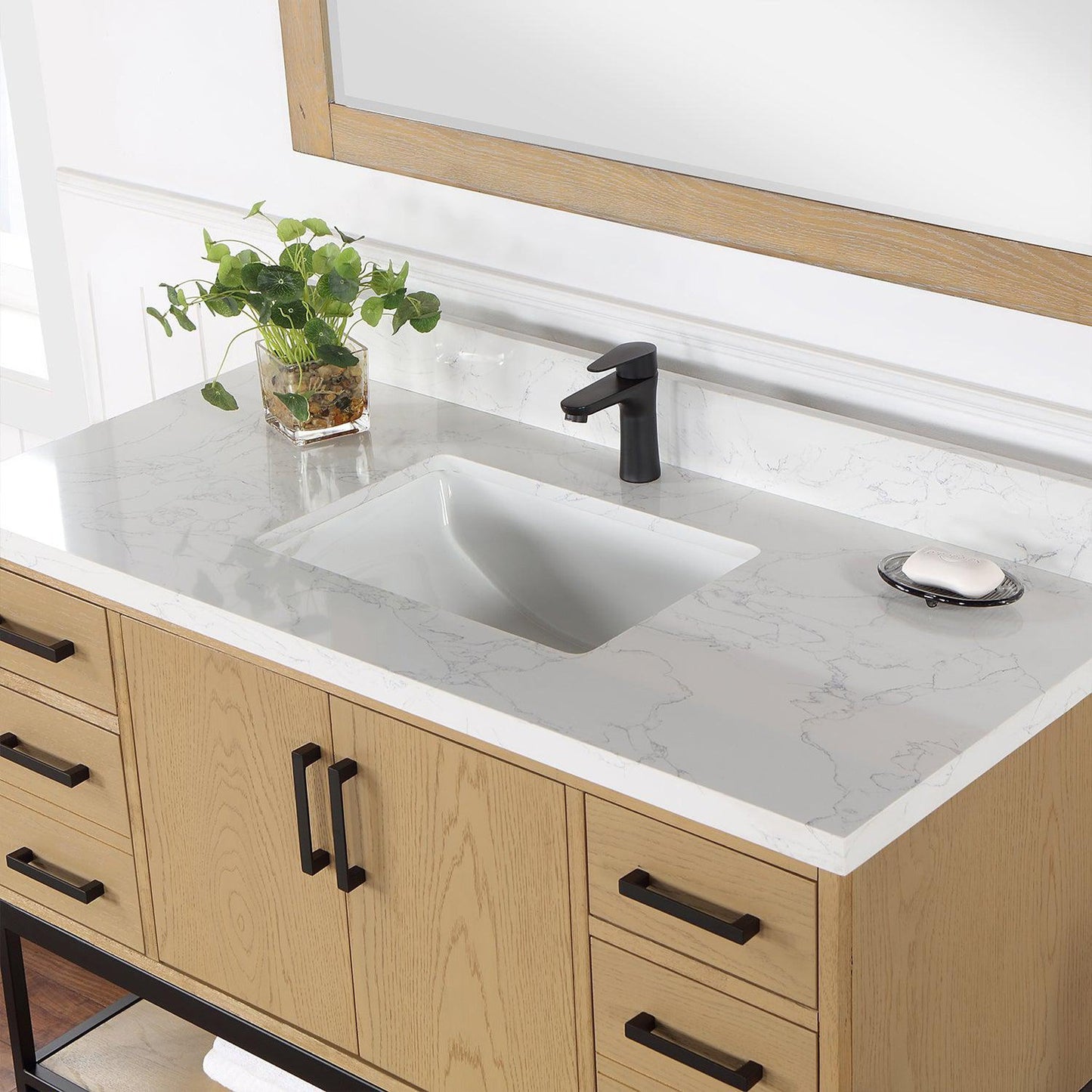 Altair Wildy 48" Washed Oak Freestanding Single Bathroom Vanity Set With Mirror, Stylish Composite Grain White Stone Top, Rectangular Undermount Ceramic Sink, Overflow, and Backsplash