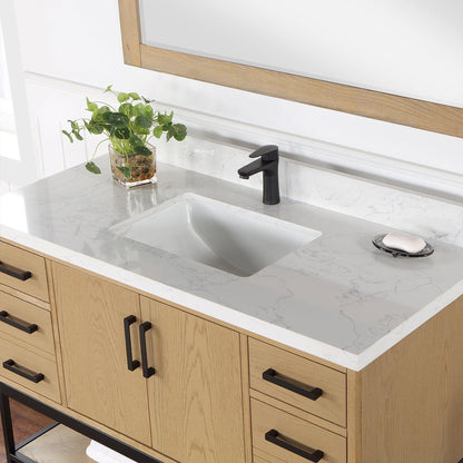 Altair Wildy 48" Washed Oak Freestanding Single Bathroom Vanity Set With Mirror, Stylish Composite Grain White Stone Top, Rectangular Undermount Ceramic Sink, Overflow, and Backsplash