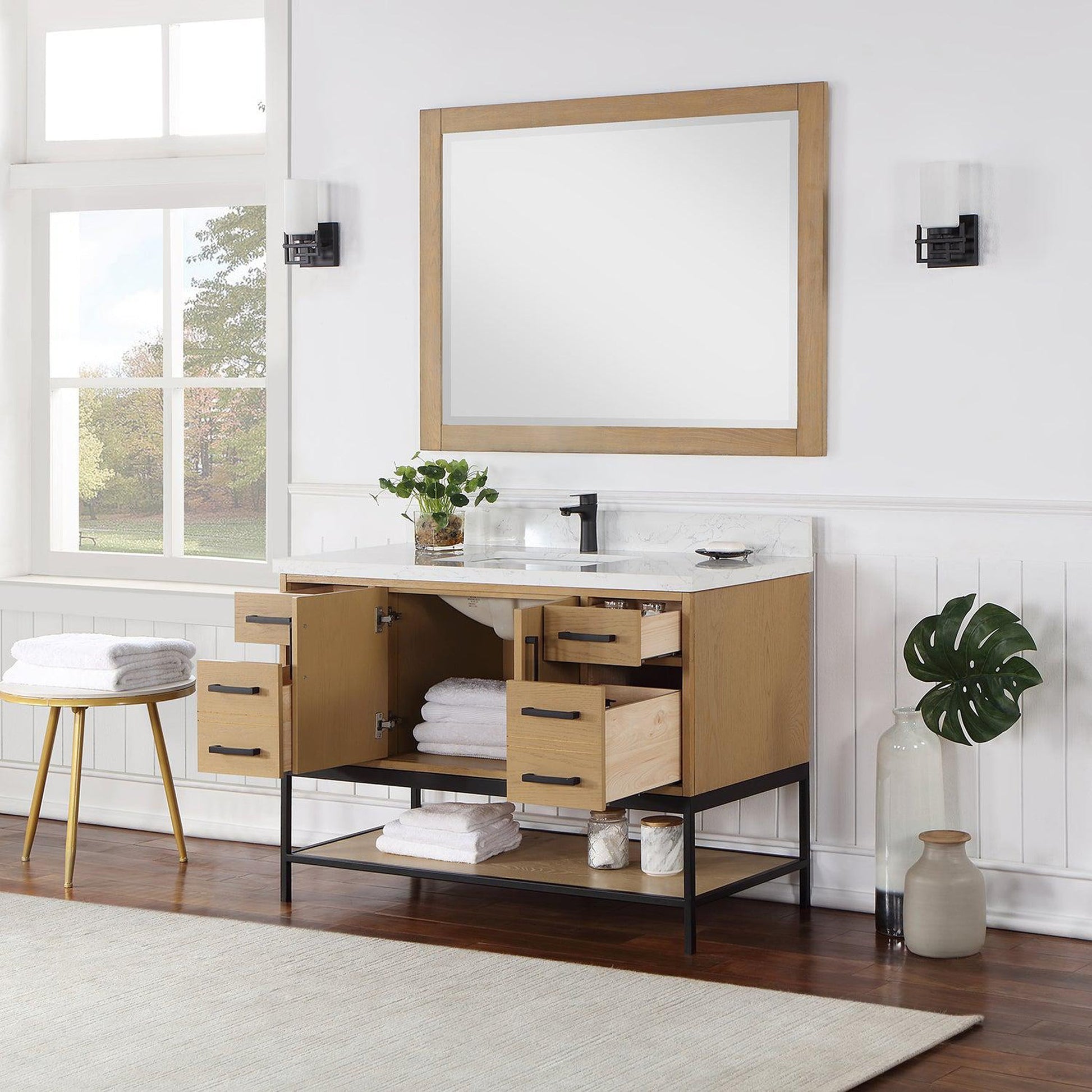 Altair Wildy 48" Washed Oak Freestanding Single Bathroom Vanity Set With Mirror, Stylish Composite Grain White Stone Top, Rectangular Undermount Ceramic Sink, Overflow, and Backsplash