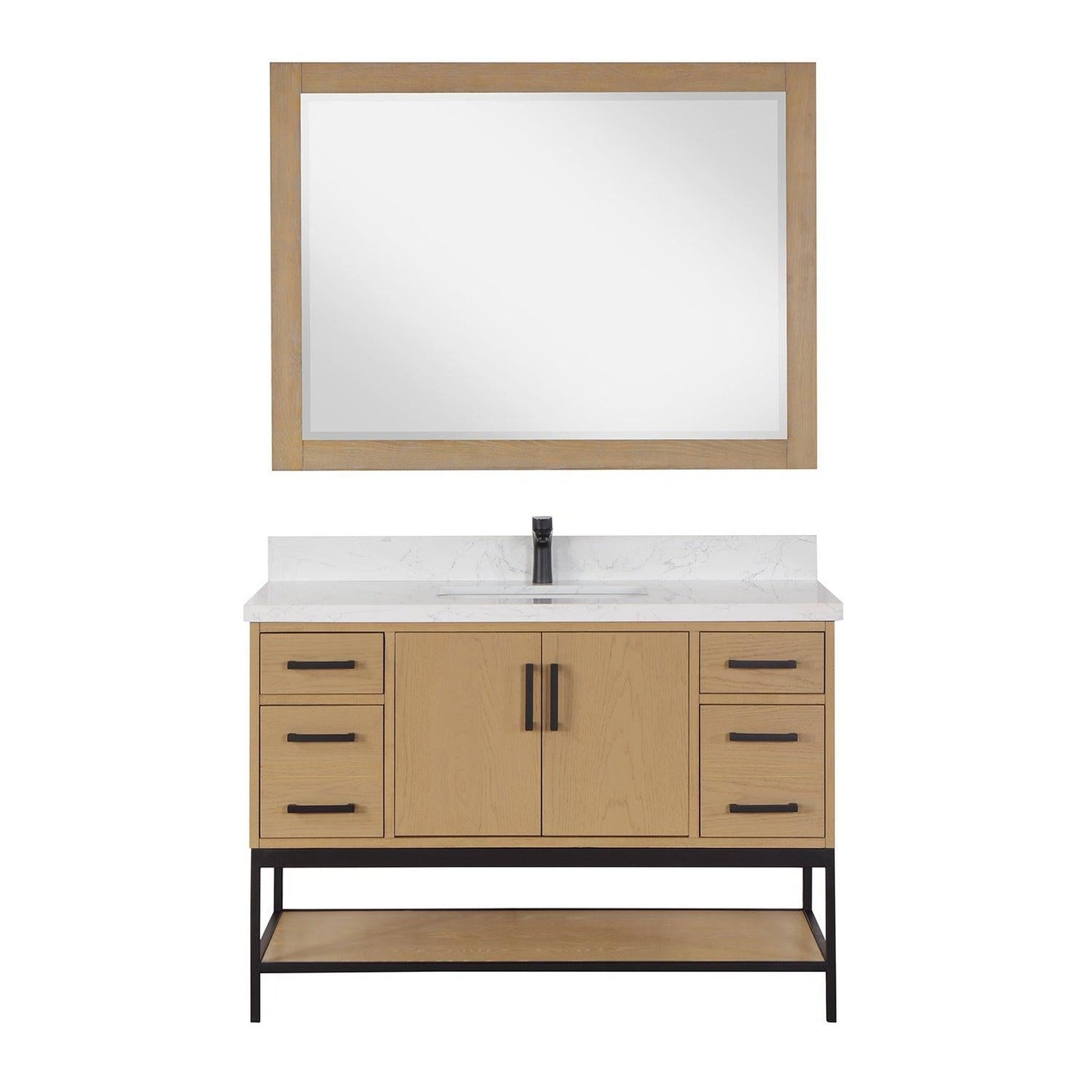 Altair Wildy 48" Washed Oak Freestanding Single Bathroom Vanity Set With Mirror, Stylish Composite Grain White Stone Top, Rectangular Undermount Ceramic Sink, Overflow, and Backsplash