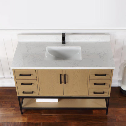 Altair Wildy 48" Washed Oak Freestanding Single Bathroom Vanity Set With Stylish Composite Grain White Stone Top, Rectangular Undermount Ceramic Sink, Overflow, and Backsplash
