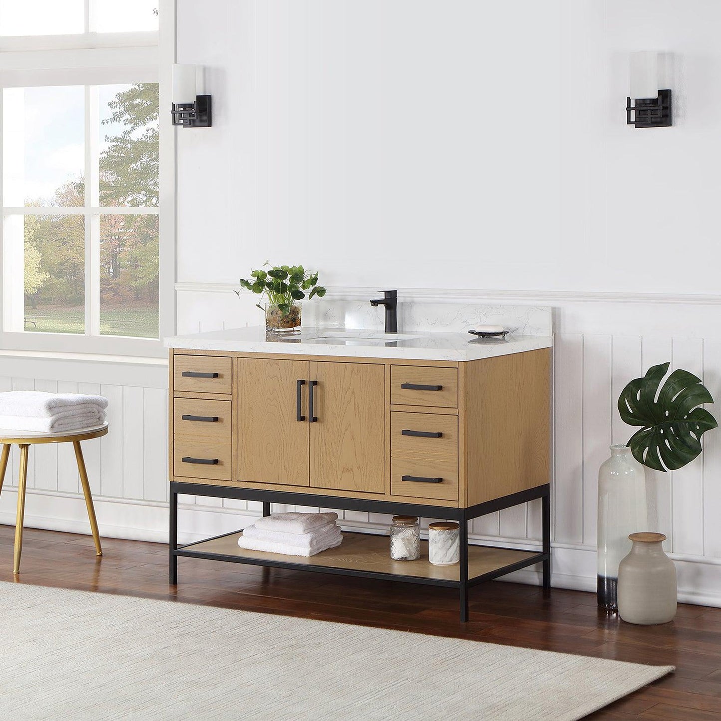 Altair Wildy 48" Washed Oak Freestanding Single Bathroom Vanity Set With Stylish Composite Grain White Stone Top, Rectangular Undermount Ceramic Sink, Overflow, and Backsplash