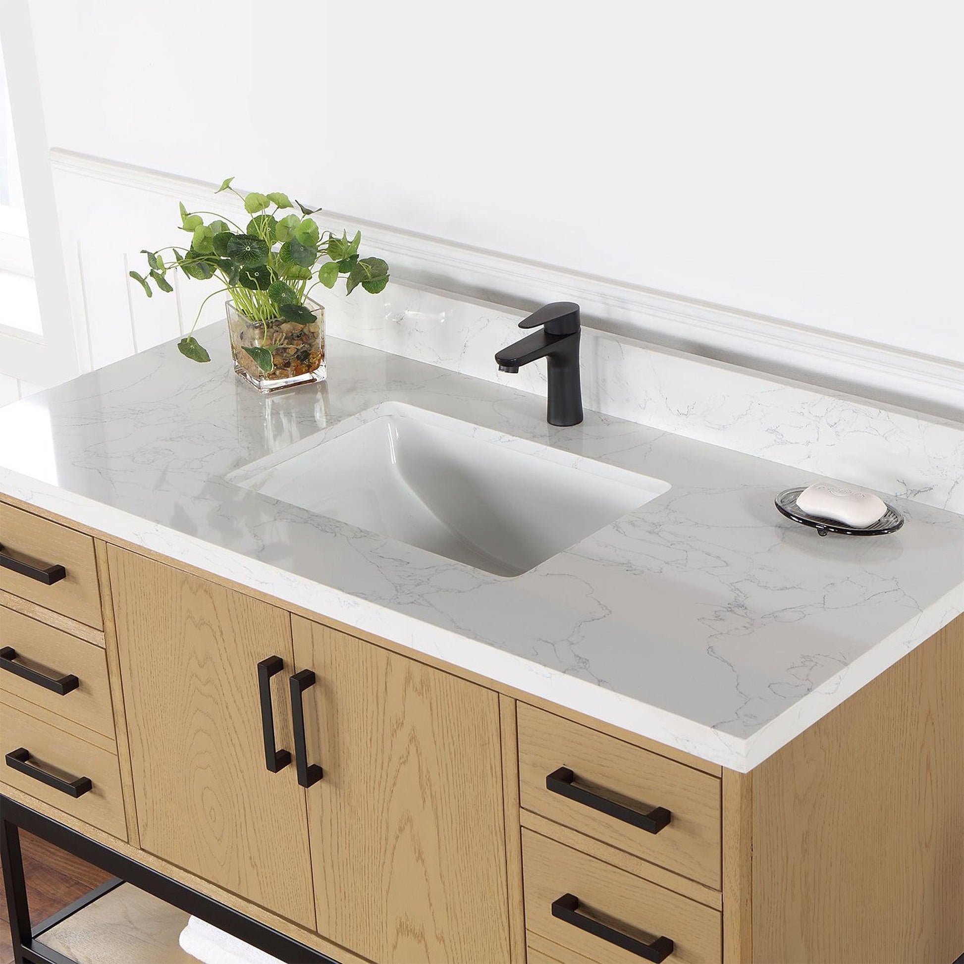 Altair Wildy 48" Washed Oak Freestanding Single Bathroom Vanity Set With Stylish Composite Grain White Stone Top, Rectangular Undermount Ceramic Sink, Overflow, and Backsplash