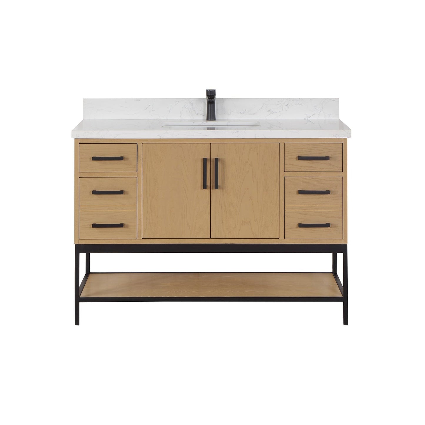 Altair Wildy 48" Washed Oak Freestanding Single Bathroom Vanity Set With Stylish Composite Grain White Stone Top, Rectangular Undermount Ceramic Sink, Overflow, and Backsplash