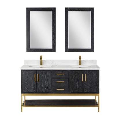 Altair Wildy 60" Black Oak Freestanding Double Bathroom Vanity Set With Mirror, Stylish Composite Grain White Stone Top, Two Rectangular Undermount Ceramic Sinks, Overflow, and Backsplash