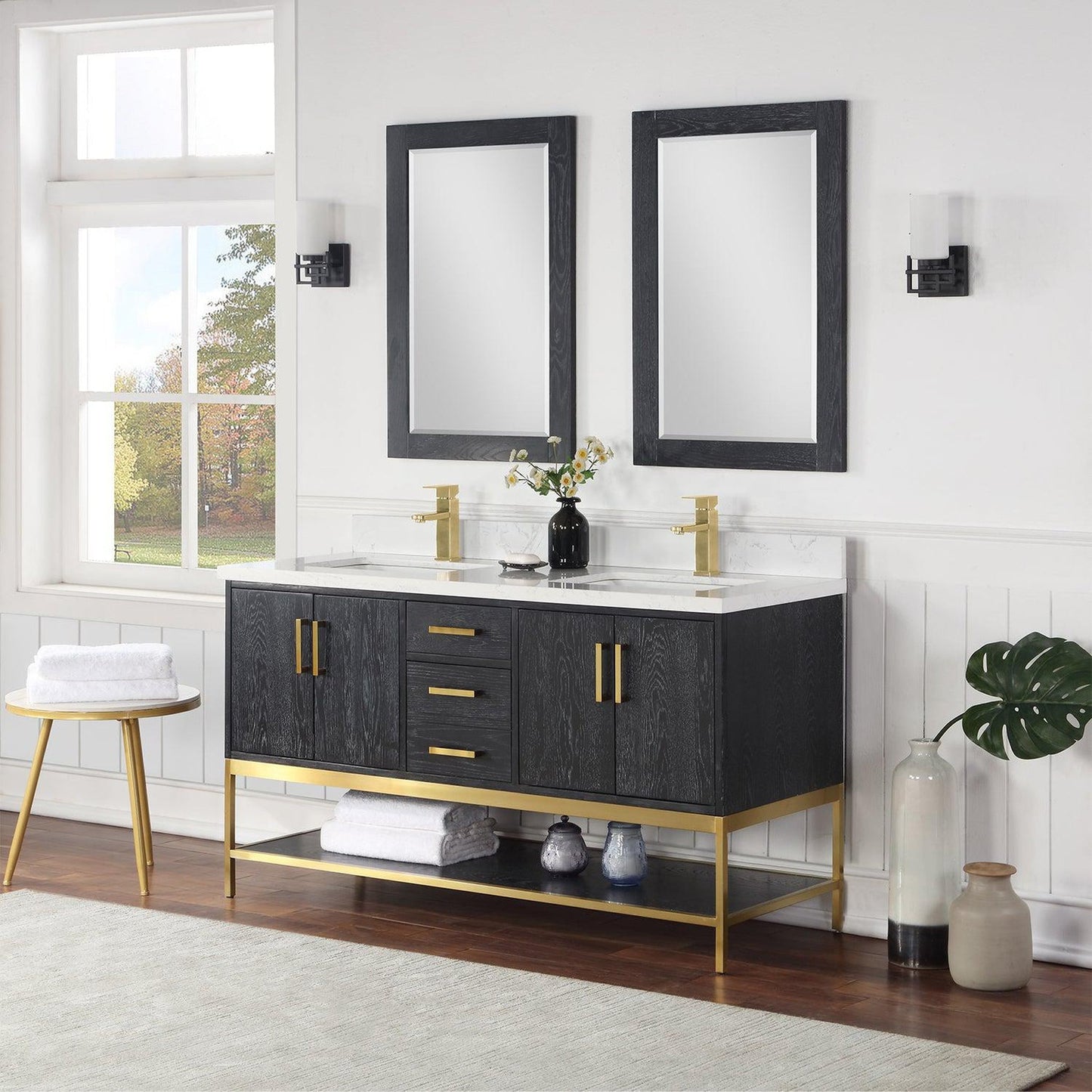 Altair Wildy 60" Black Oak Freestanding Double Bathroom Vanity Set With Mirror, Stylish Composite Grain White Stone Top, Two Rectangular Undermount Ceramic Sinks, Overflow, and Backsplash