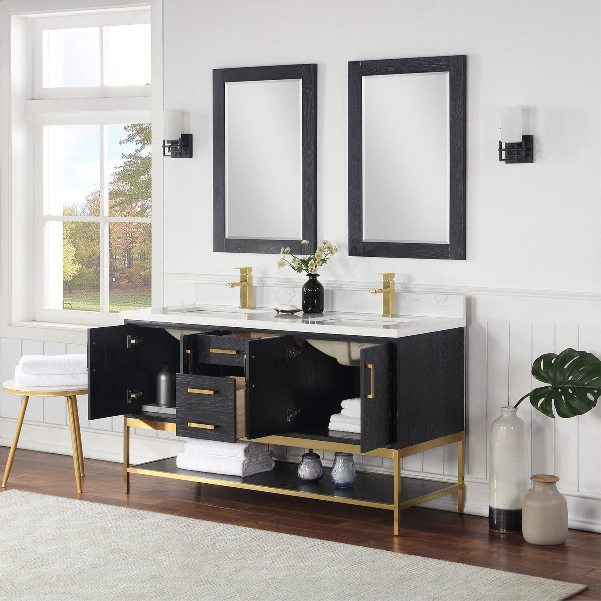 Altair Wildy 60" Black Oak Freestanding Double Bathroom Vanity Set With Mirror, Stylish Composite Grain White Stone Top, Two Rectangular Undermount Ceramic Sinks, Overflow, and Backsplash