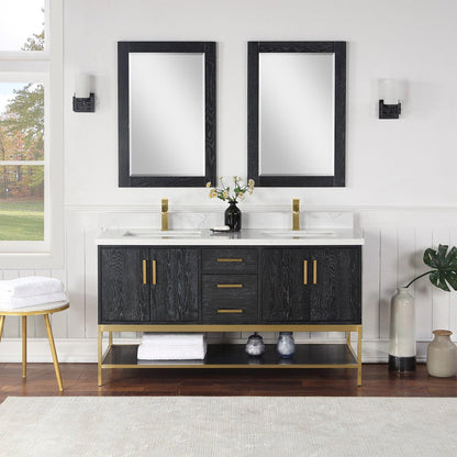 Altair Wildy 60" Black Oak Freestanding Double Bathroom Vanity Set With Mirror, Stylish Composite Grain White Stone Top, Two Rectangular Undermount Ceramic Sinks, Overflow, and Backsplash