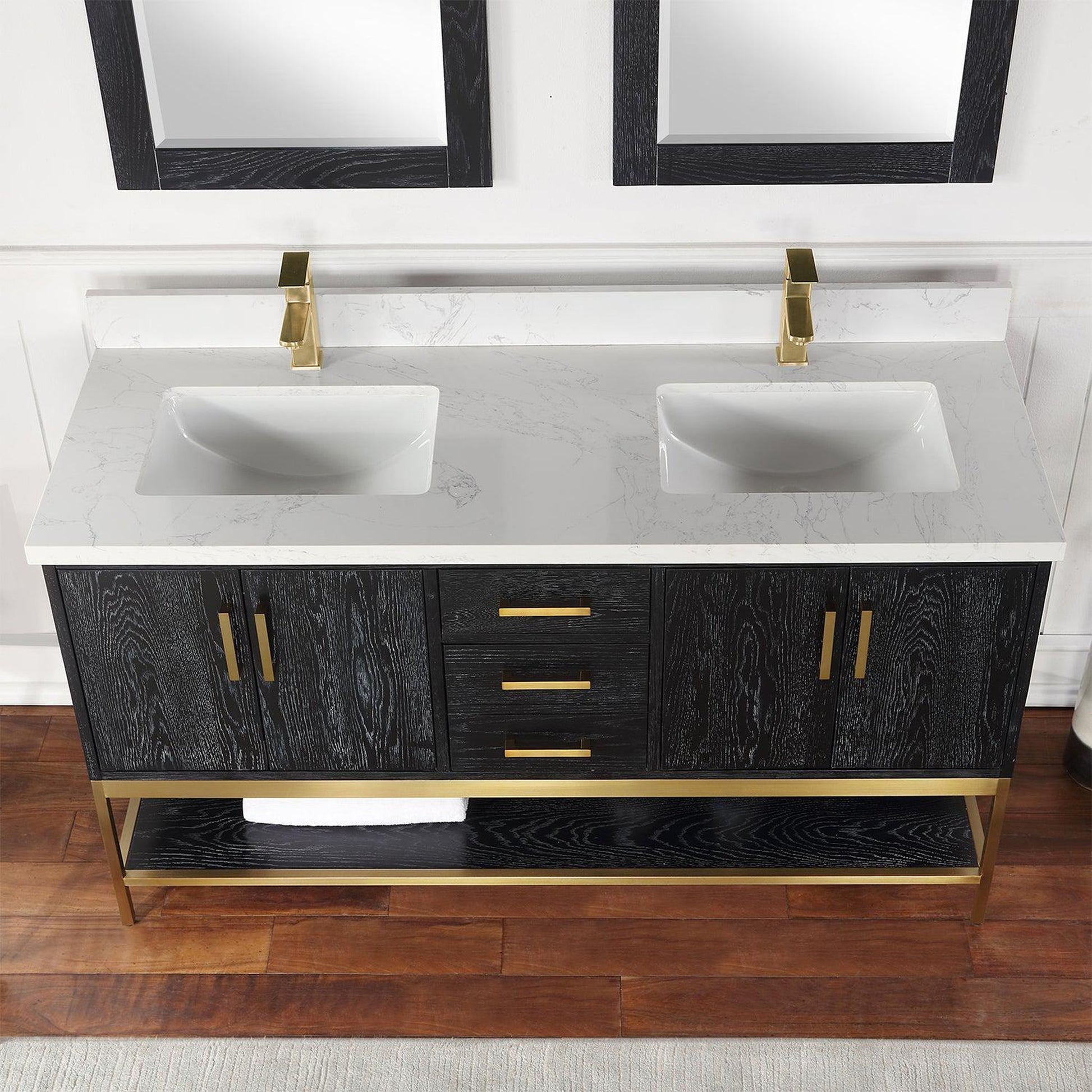 Altair Wildy 60" Black Oak Freestanding Double Bathroom Vanity Set With Mirror, Stylish Composite Grain White Stone Top, Two Rectangular Undermount Ceramic Sinks, Overflow, and Backsplash