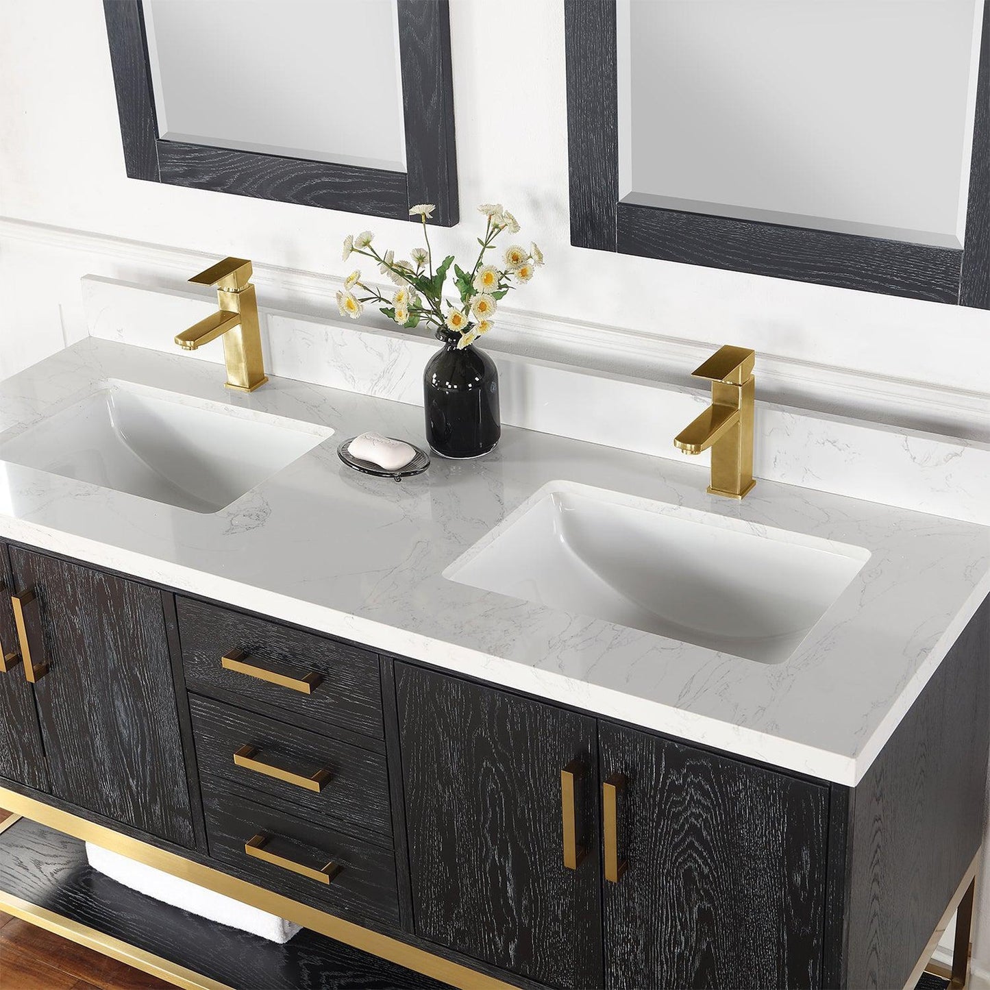 Altair Wildy 60" Black Oak Freestanding Double Bathroom Vanity Set With Mirror, Stylish Composite Grain White Stone Top, Two Rectangular Undermount Ceramic Sinks, Overflow, and Backsplash