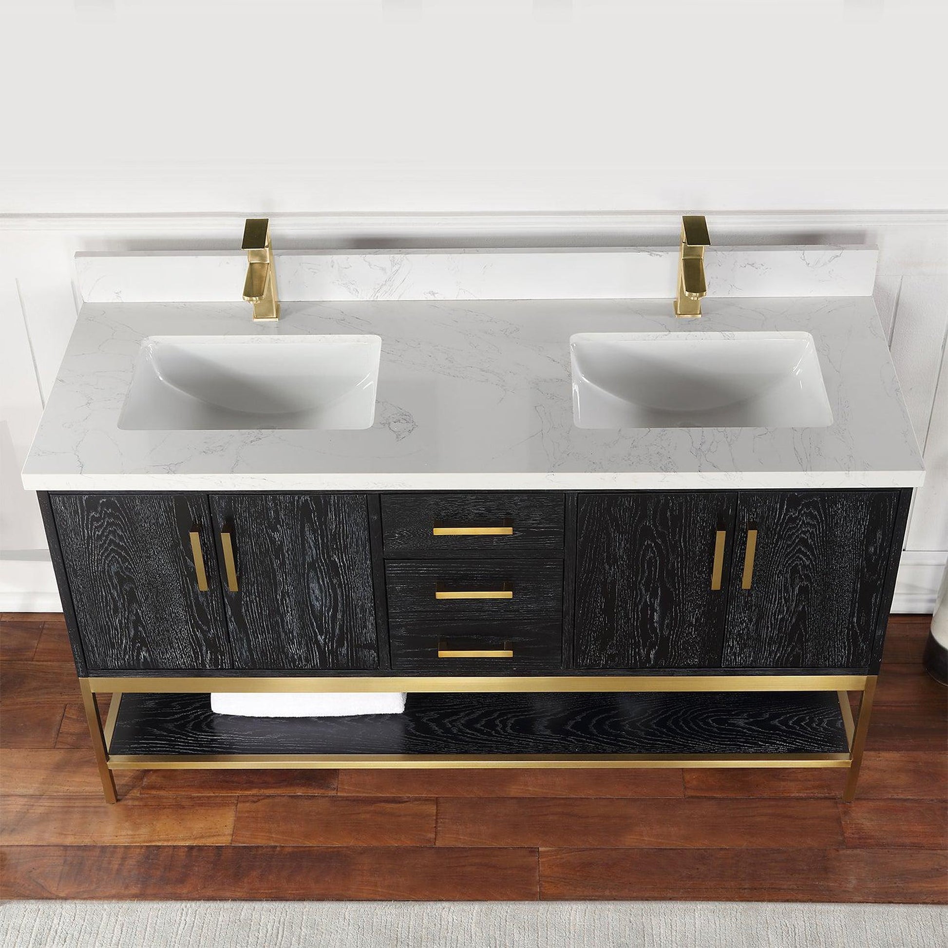 Altair Wildy 60" Black Oak Freestanding Double Bathroom Vanity Set With Stylish Composite Grain White Stone Top, Two Rectangular Undermount Ceramic Sinks, Overflow, and Backsplash