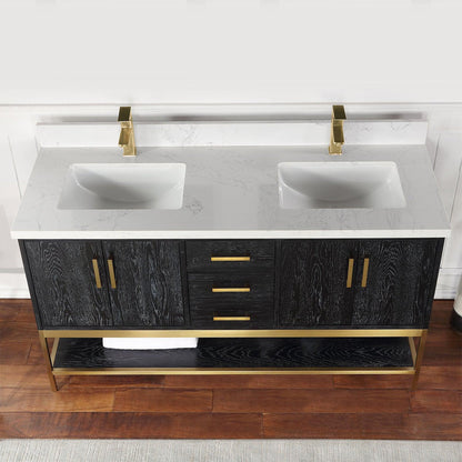 Altair Wildy 60" Black Oak Freestanding Double Bathroom Vanity Set With Stylish Composite Grain White Stone Top, Two Rectangular Undermount Ceramic Sinks, Overflow, and Backsplash