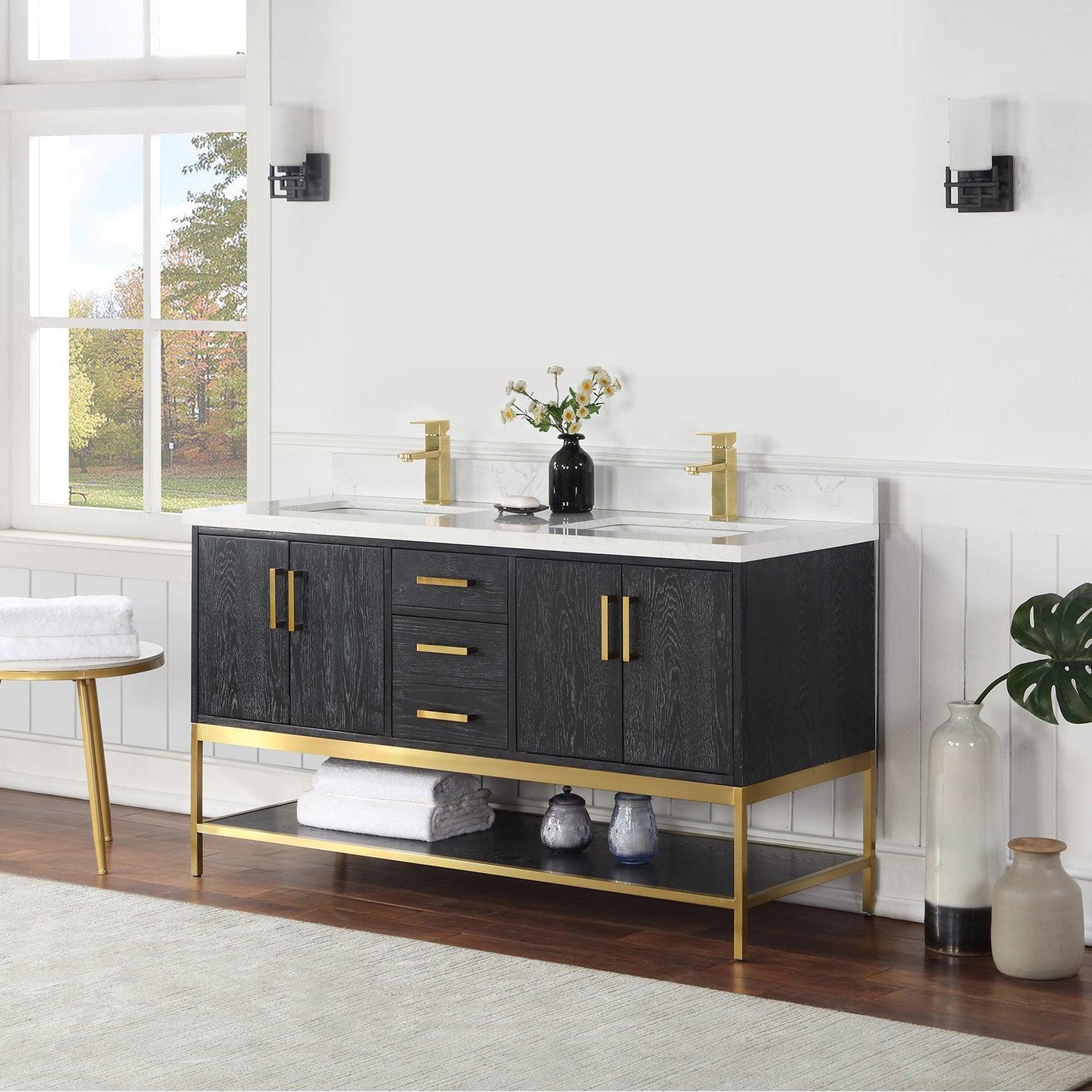 Altair Wildy 60" Black Oak Freestanding Double Bathroom Vanity Set With Stylish Composite Grain White Stone Top, Two Rectangular Undermount Ceramic Sinks, Overflow, and Backsplash
