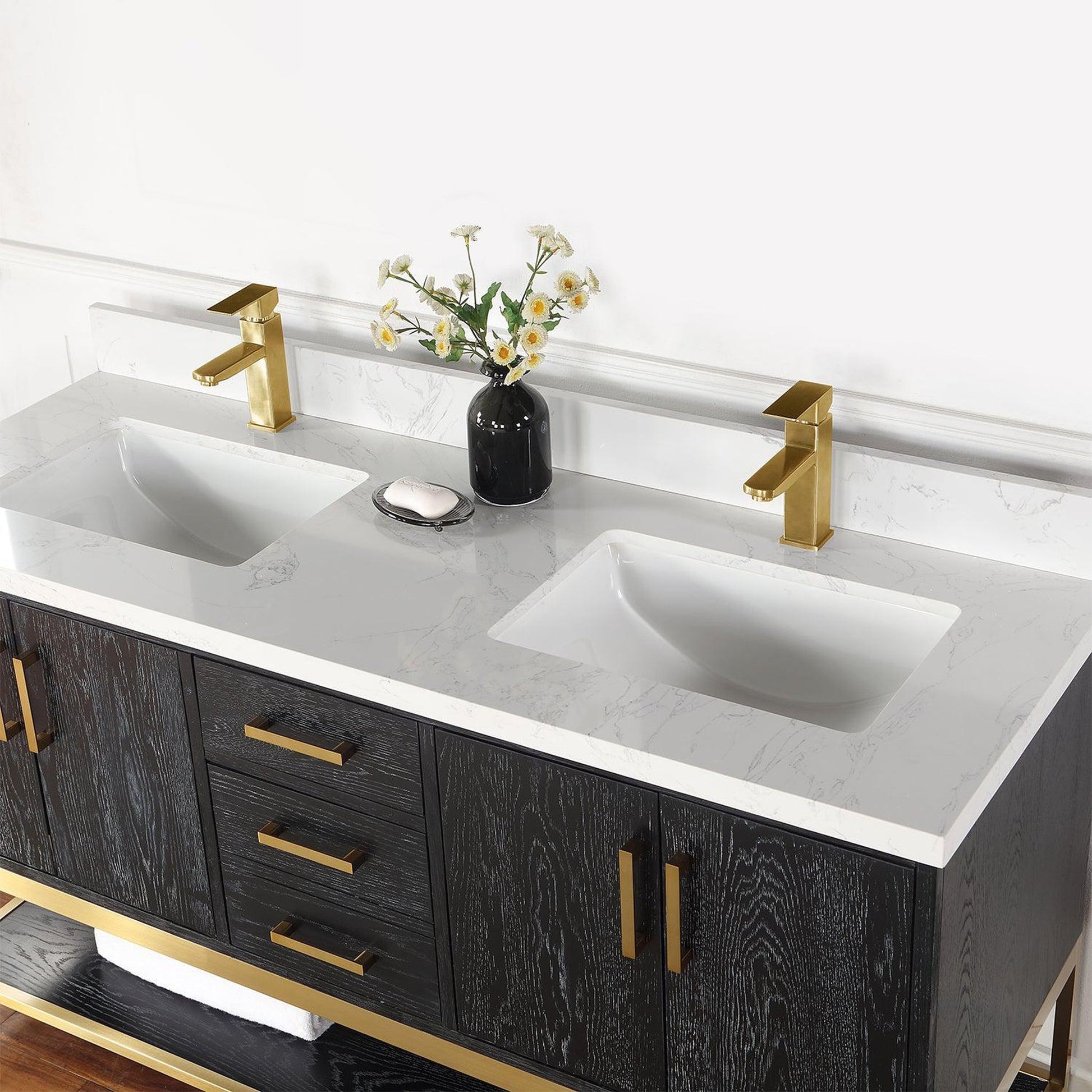 Altair Wildy 60" Black Oak Freestanding Double Bathroom Vanity Set With Stylish Composite Grain White Stone Top, Two Rectangular Undermount Ceramic Sinks, Overflow, and Backsplash